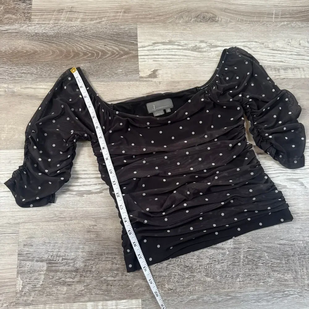 Anthropologie Black Polka Dot Mesh Ruched Puff Sleeve Coquette Top XS